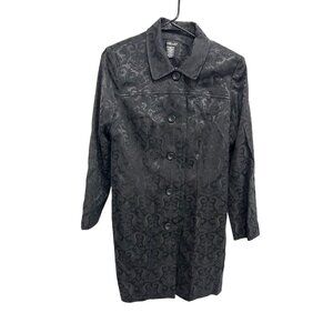 Willi Smith Womens Black Long Damask Jacquard Coat Size 8 Button Front Lightweig